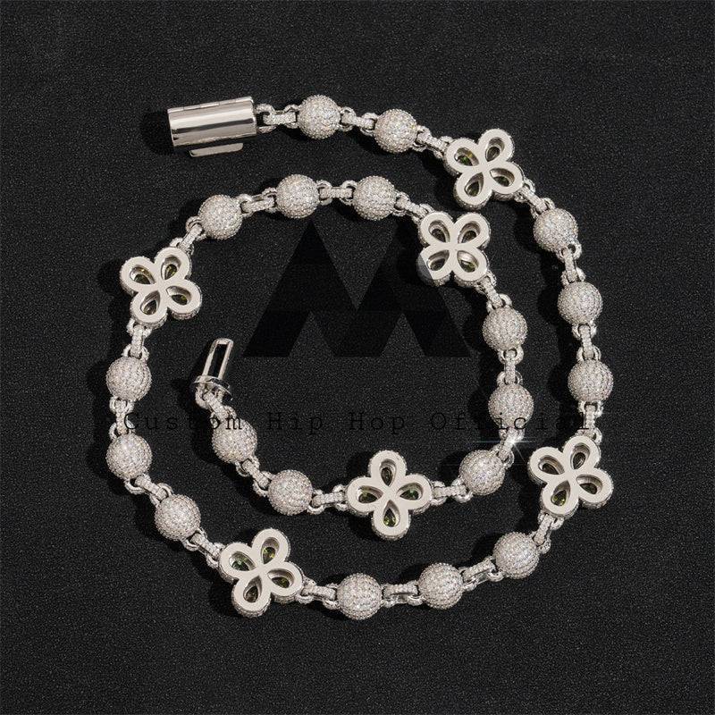 White Gold Sterling Silver Moissanite Iced Out 8MM Rosary Ball Chain With Clover Flower