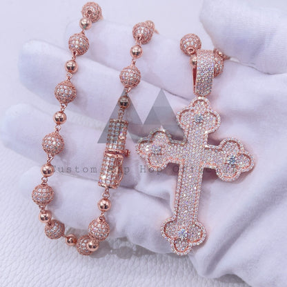 Sterling Silver Iced Out 8MM Iced Out Moissanite Ball Chain With Rose Gold Color Cross Charm Set