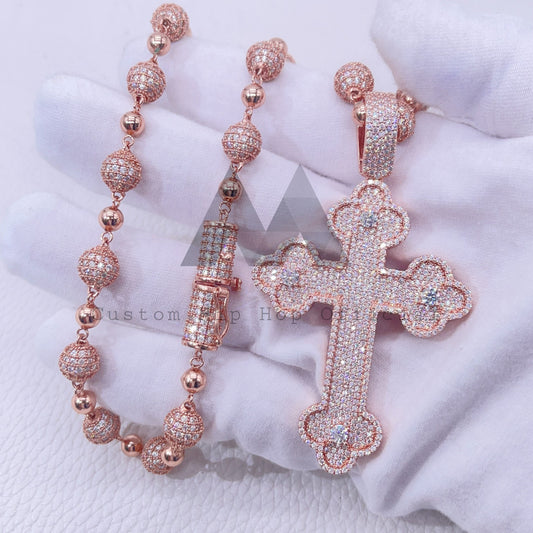 Sterling Silver Iced Out 8MM Iced Out Moissanite Ball Chain With Rose Gold Color Cross Charm Set