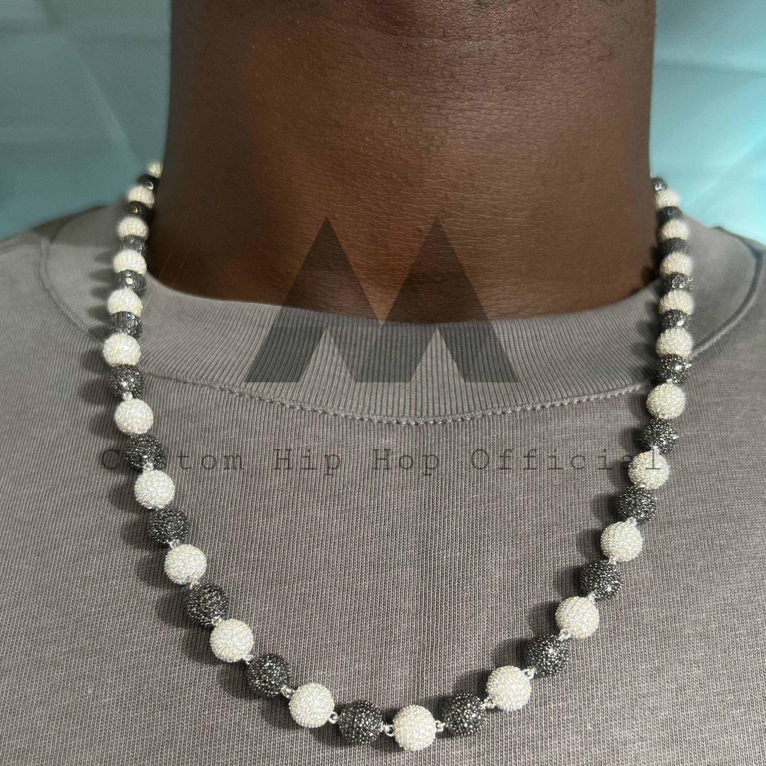 8mm iced out black and white moissanite ball rosary chain in hip hop style