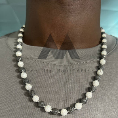 8mm iced out black and white moissanite ball rosary chain in hip hop style3