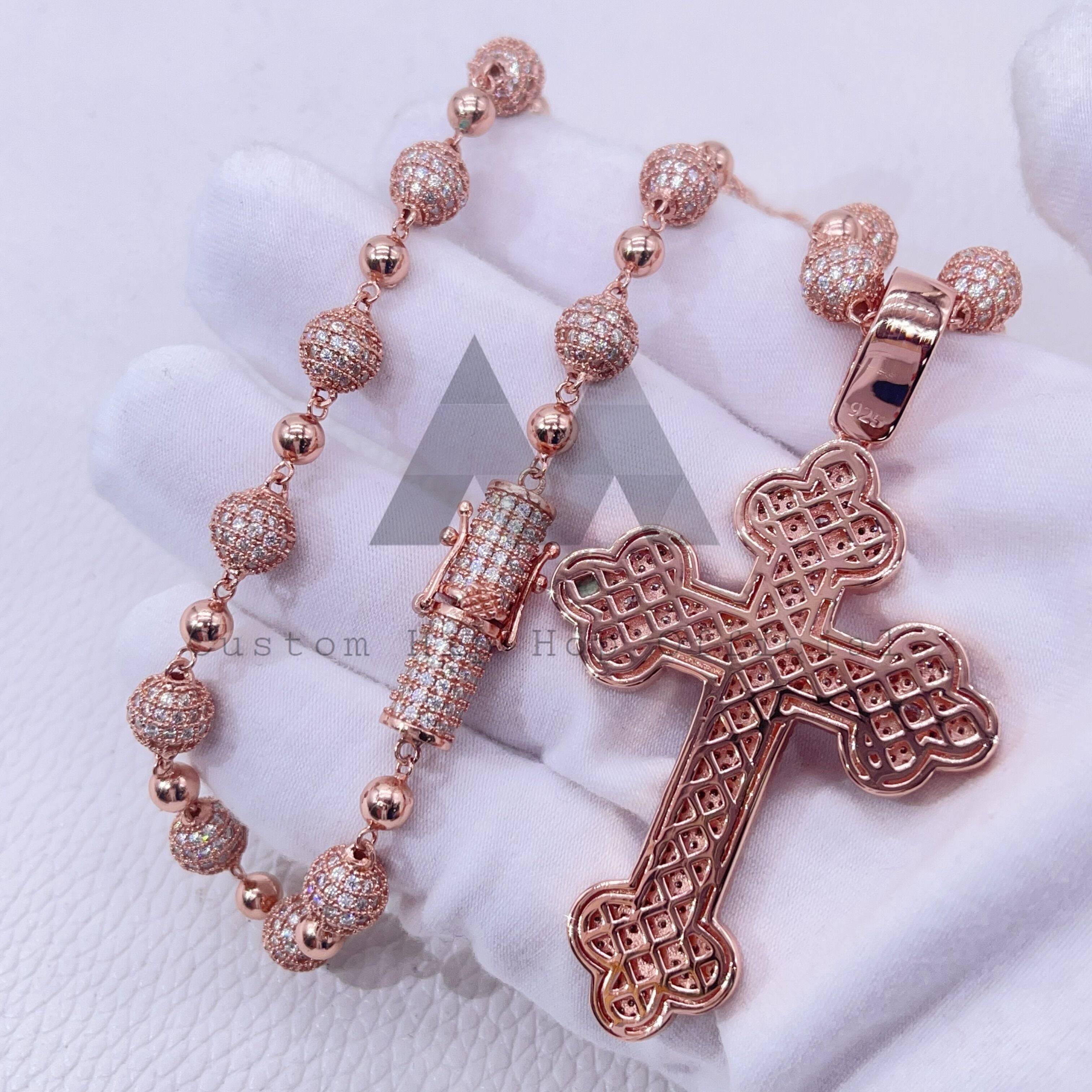 Sterling Silver Iced Out Hip Hop Jewelry with 8MM Moissanite Ball Chain and Rose Gold Color Cross Charm