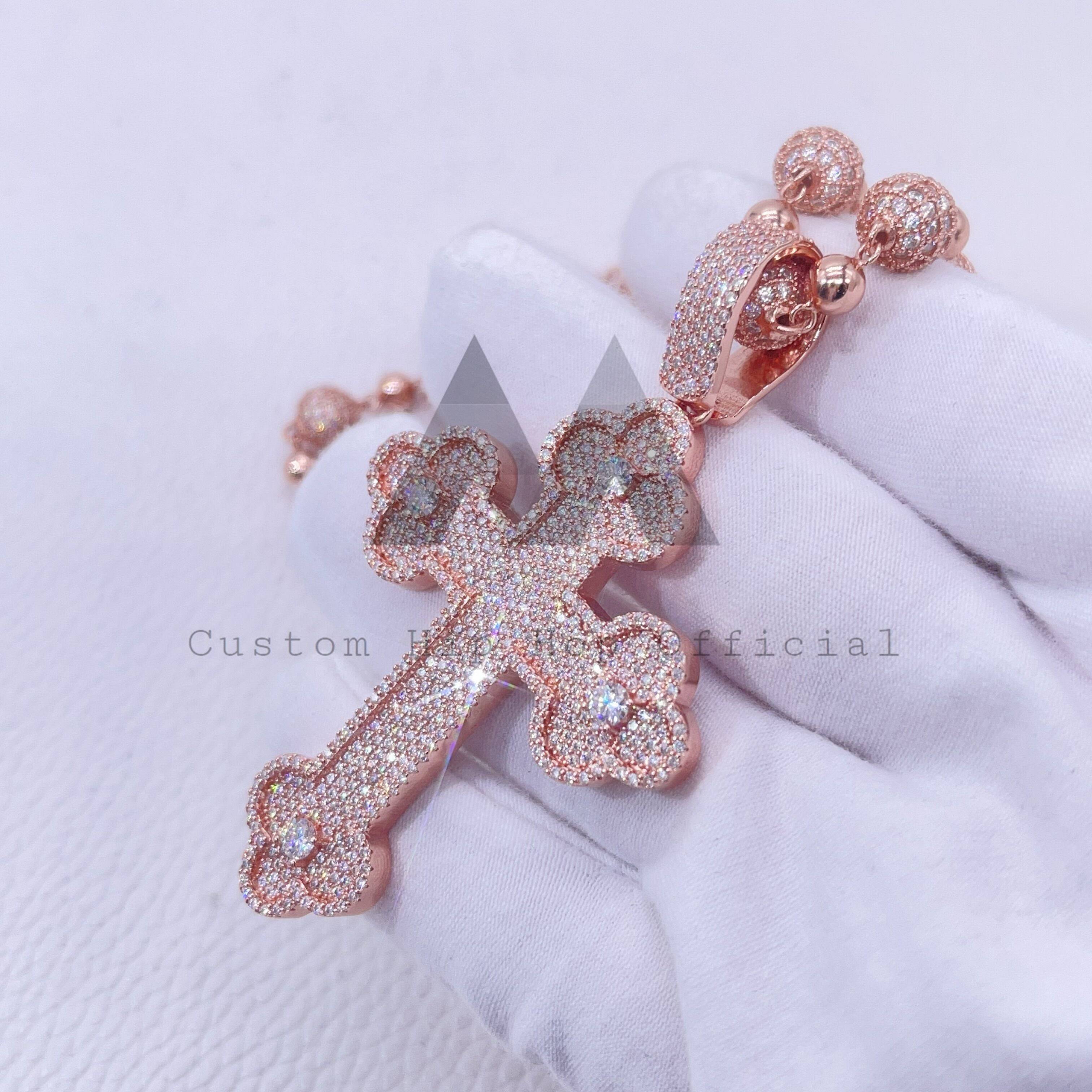 Sterling Silver Iced Out Hip Hop Jewelry with 8MM Moissanite Ball Chain and Rose Gold Color Cross Charm