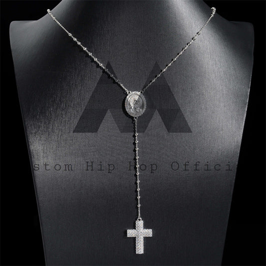 Custom made hip hop jewelry featuring a rosary cross necklace with Jesus, moissanite diamond, sterling silver 9250