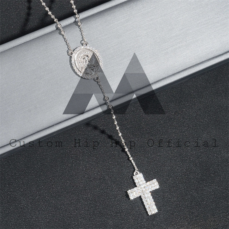 Custom made hip hop jewelry featuring a rosary cross necklace with Jesus, moissanite diamond, sterling silver 9251