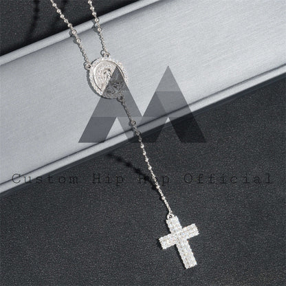 Custom made hip hop jewelry featuring a rosary cross necklace with Jesus, moissanite diamond, sterling silver 9251