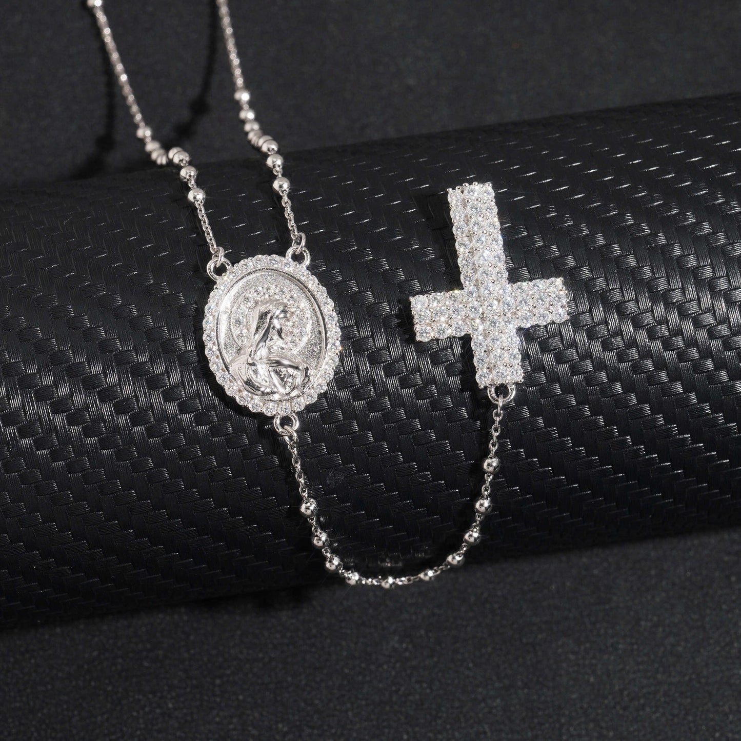 Custom made hip hop jewelry featuring a rosary cross necklace with Jesus, moissanite diamond, sterling silver 9252