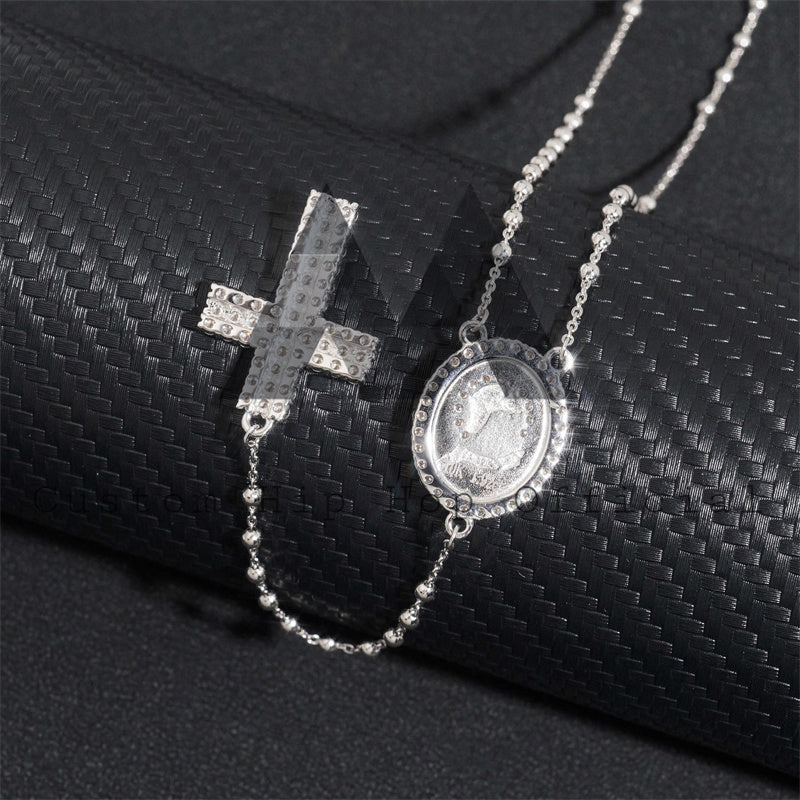 Custom made hip hop jewelry featuring a rosary cross necklace with Jesus, moissanite diamond, sterling silver 9253