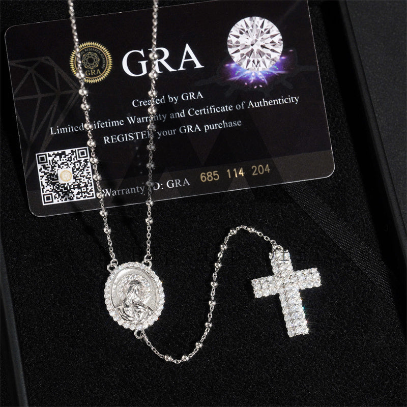 Custom made hip hop jewelry featuring a rosary cross necklace with Jesus, moissanite diamond, sterling silver 9254