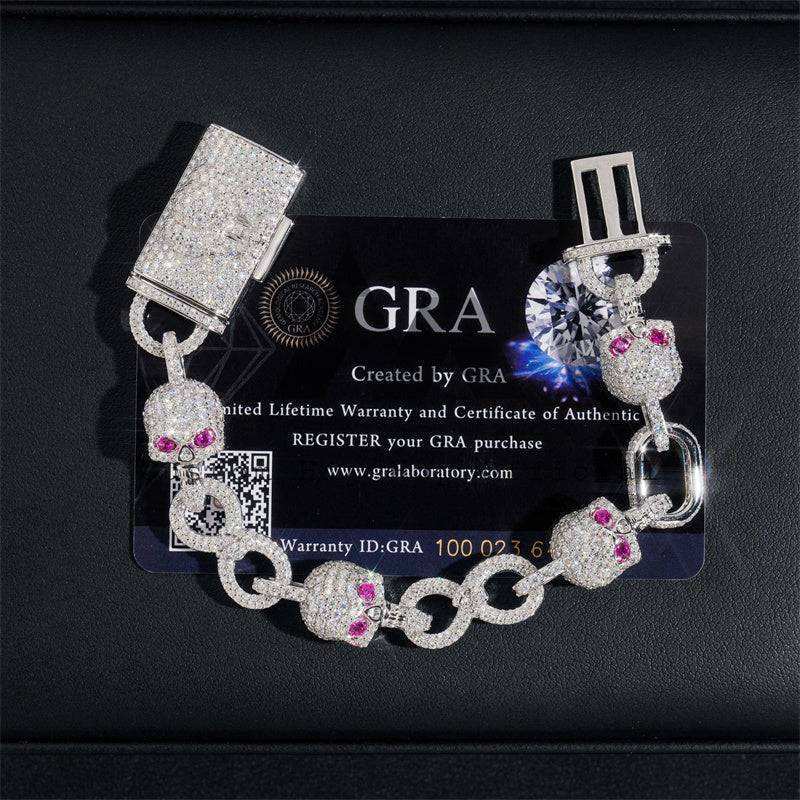 Designer style hip hop jewelry with 925 silver solid 10MM ruby eyes moissanite iced out skull bracelet3