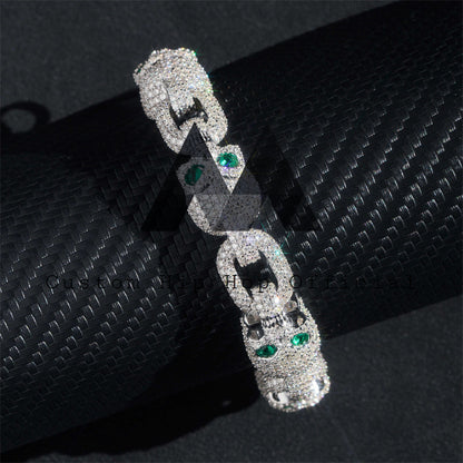 Pulseira de caveira moissanite de olhos verdes de 13mm para homens, testador de diamante de prata sólida totalmente gelado
