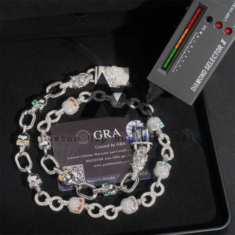 Custom design hip hop jewelry featuring 925 silver 10mm iced out moissanite skull link chain that passes diamond tester1