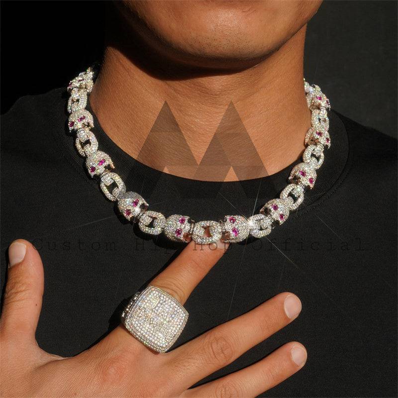 Hip hop jewelry featuring 13mm iced out moissanite skull chain with ruby eyes for rappers1