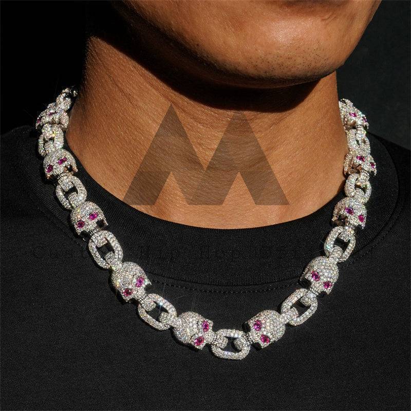 Hip hop jewelry featuring 13mm iced out moissanite skull chain with ruby eyes for rappers3