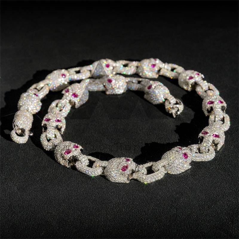 Hip hop jewelry featuring 13mm iced out moissanite skull chain with ruby eyes for rappers2