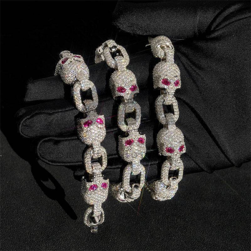 Hip hop jewelry featuring 13mm iced out moissanite skull chain with ruby eyes for rappers4