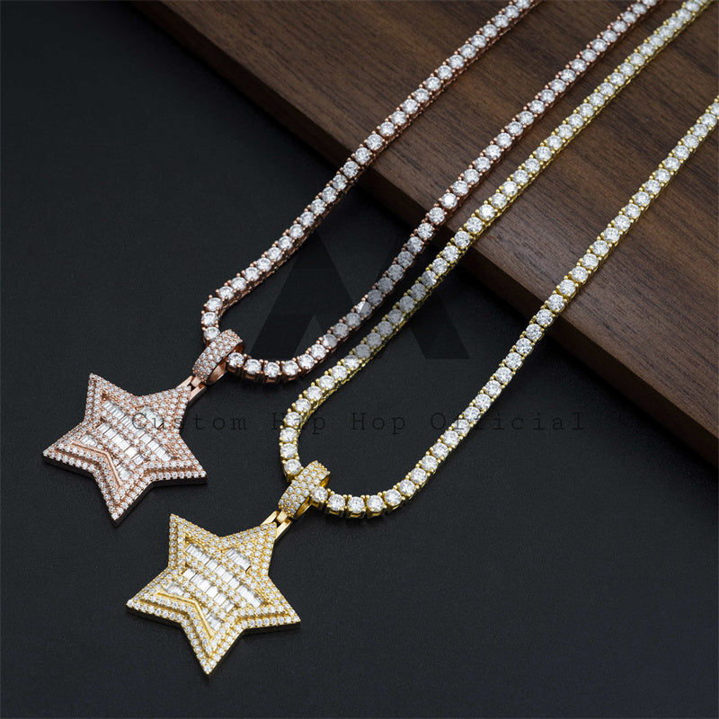 Baguette Star Shaped Pendant Moissanite Hip Hop Jewelry Fit For 3MM Tennis Chain2