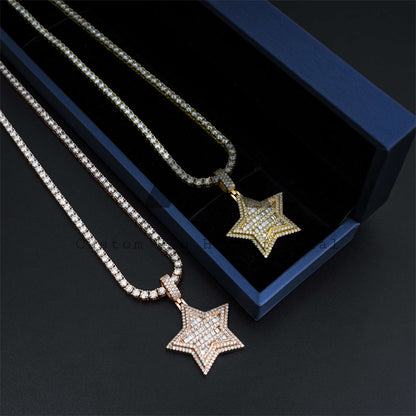 Baguette Star Shaped Pendant Moissanite Hip Hop Jewelry Fit For 3MM Tennis Chain3