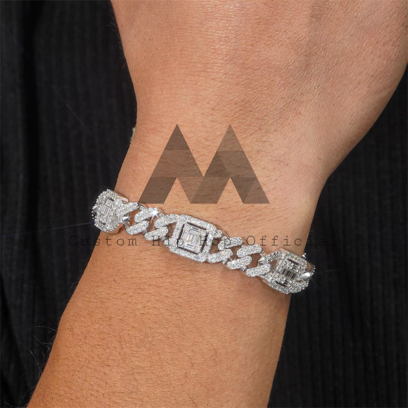Hip hop 13MM Sterling Silver Iced Out Moissanite Diamond Baguette Cluster Link Cuban Bracelet4
