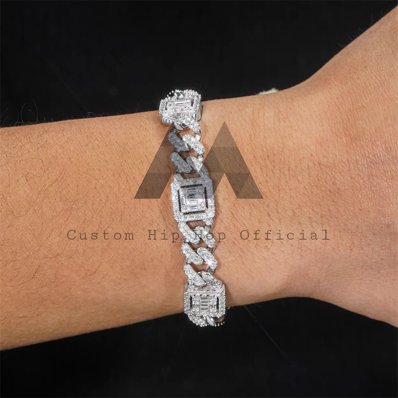 Hip hop 13MM Sterling Silver Iced Out Moissanite Diamond Baguette Cluster Link Cuban Bracelet1