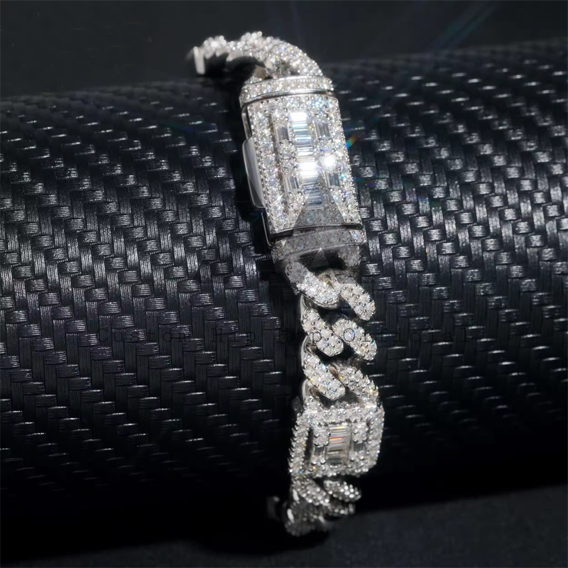 Hip hop 13MM Sterling Silver Iced Out Moissanite Diamond Baguette Cluster Link Cuban Bracelet0