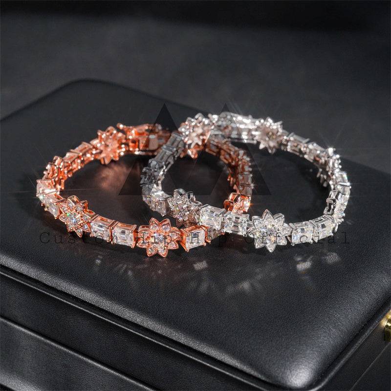 Stylish new fashion men's hip hop jewelry featuring fancy cut VVS moissanite diamond tennis bracelet with flower style3