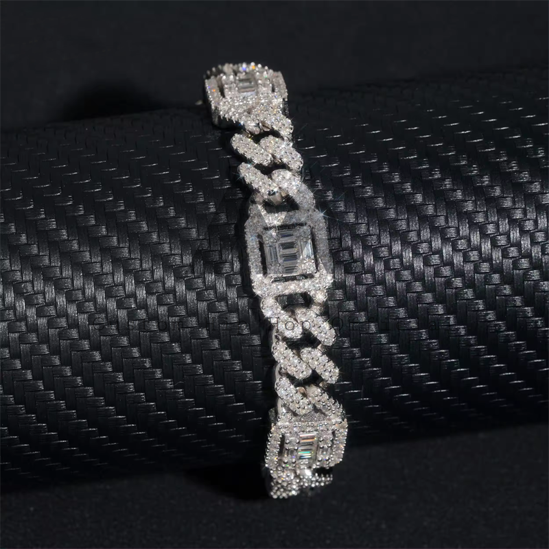 Hip hop 13MM Sterling Silver Iced Out Moissanite Diamond Baguette Cluster Link Cuban Bracelet2