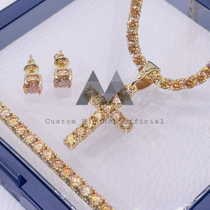 Champagne Moissanite Tennis Chain Bracelet and Stud Earrings Set 4MM 6.5MM2