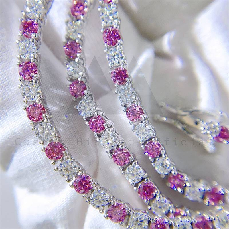 925 silver pass diamond tester hip hop chain 3mm 4mm white mix pink moissanite tennis chain