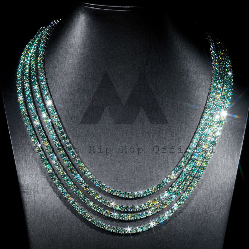 Gra Certificated Tiffany Blue Green Moissanite Tennis Chain 3MM 4MM Sterling Silver Hip Hop Jewelry3