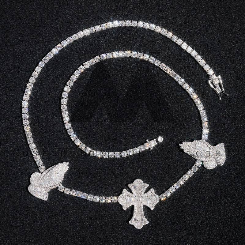 Men's hip hop jewelry featuring 925 Sterling Silver VVS Moissanite Tennis Chain with Cross Charm3