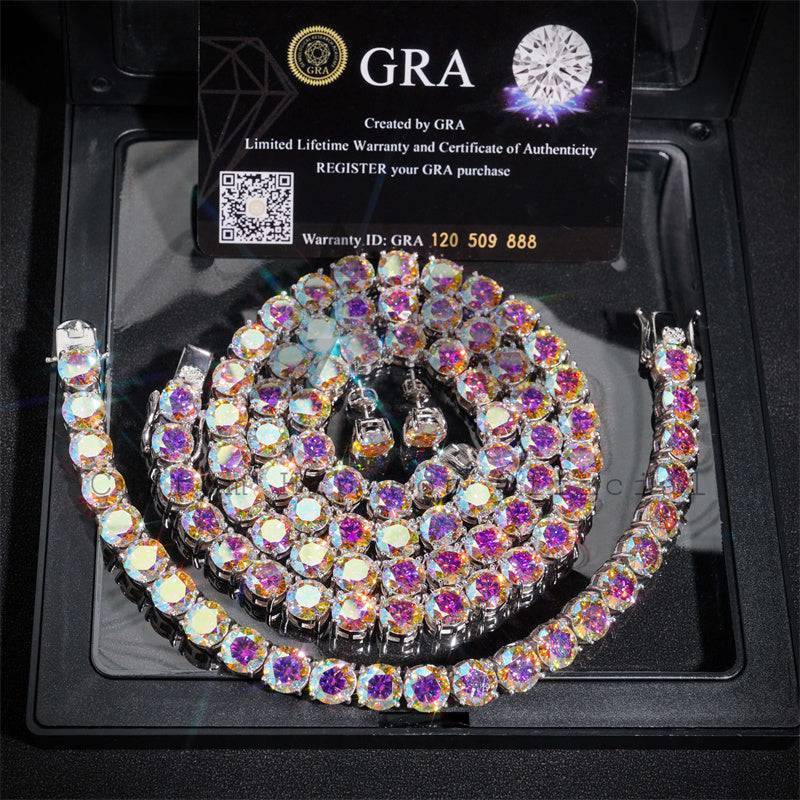 Hip hop jewelry set with Pass Diamond Tester 925 Silver Rainbow Coated 8MM Moissanite Tennis Chain and 7MM Stud Earrings3