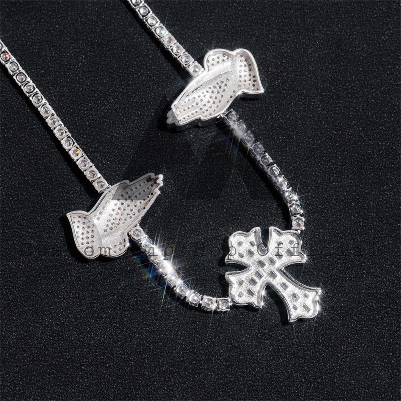 925 Sterling Silver Men's Rapper Jewelry with 3MM Tennis Chain featuring VVS Moissanite and Cross Praying Hands Charm1