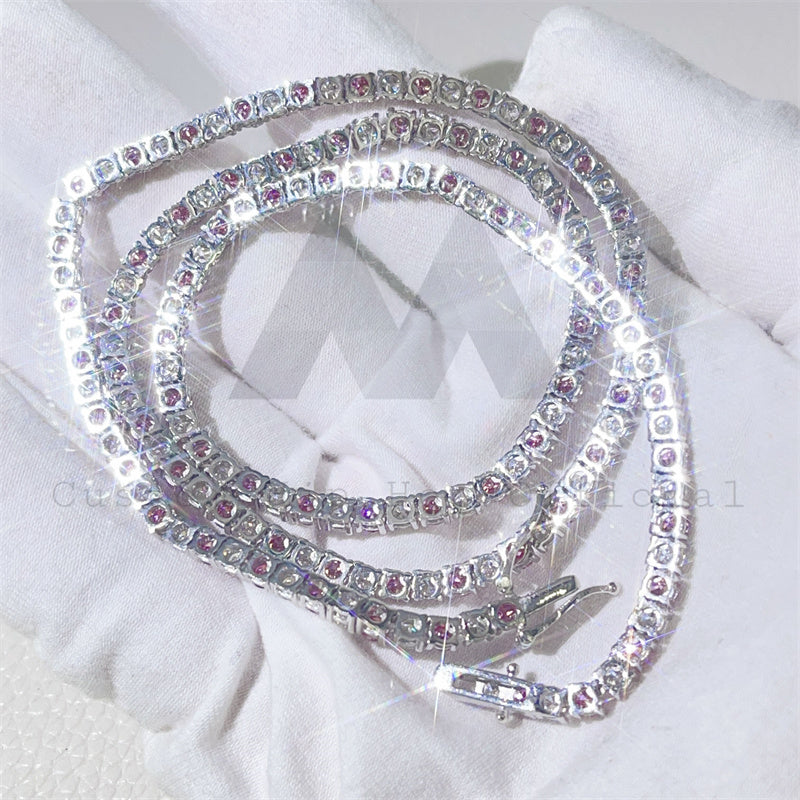 925 silver pass diamond tester hip hop chain 3mm 4mm white mix pink moissanite tennis chain