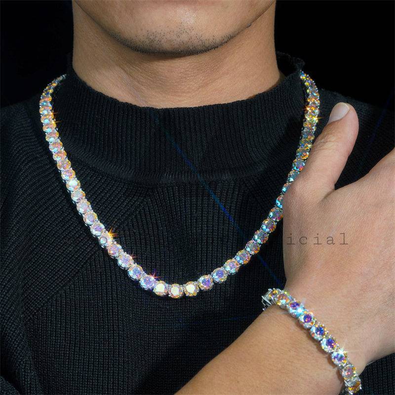 Hip hop jewelry set with Pass Diamond Tester 925 Silver Rainbow Coated 8MM Moissanite Tennis Chain and 7MM Stud Earrings1