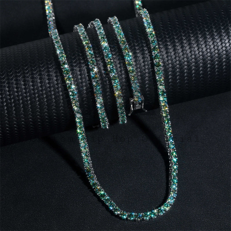 Gra Certificated Tiffany Blue Green Moissanite Tennis Chain 3MM 4MM Sterling Silver Hip Hop Jewelry0