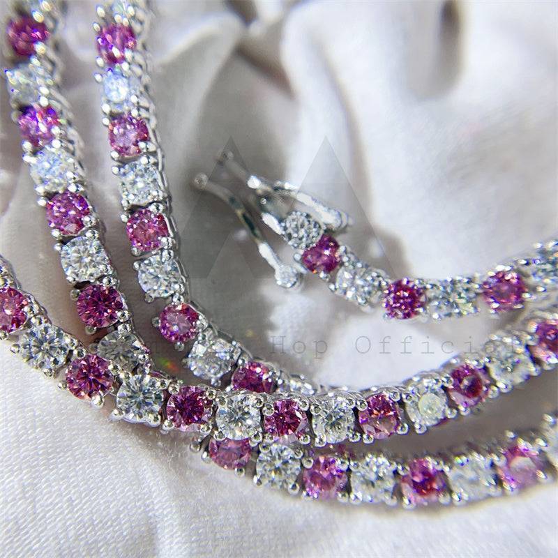 925 silver pass diamond tester hip hop chain 3mm 4mm white mix pink moissanite tennis chain