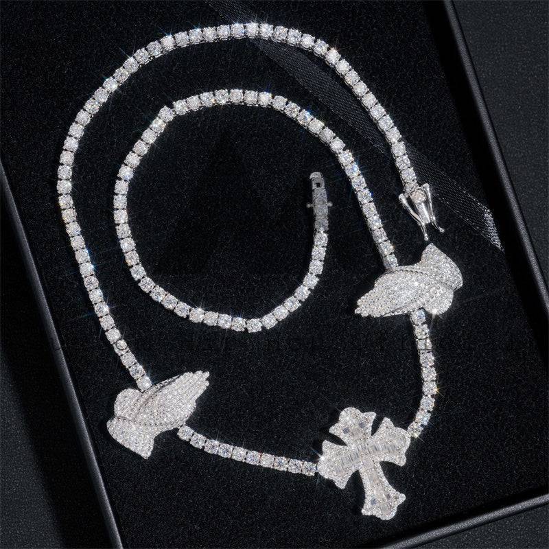 Men's hip hop jewelry featuring 925 Sterling Silver VVS Moissanite Tennis Chain with Cross Charm2