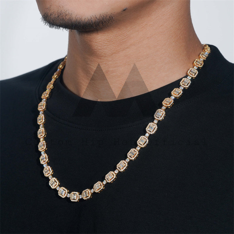 Halo Diamond Style Sterling Silver 18K Gold Plated Men Iced Out 8MM Baguette Tennis Link Chain
