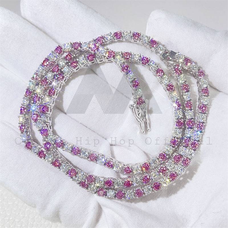 925 silver pass diamond tester hip hop chain 3mm 4mm white mix pink moissanite tennis chain