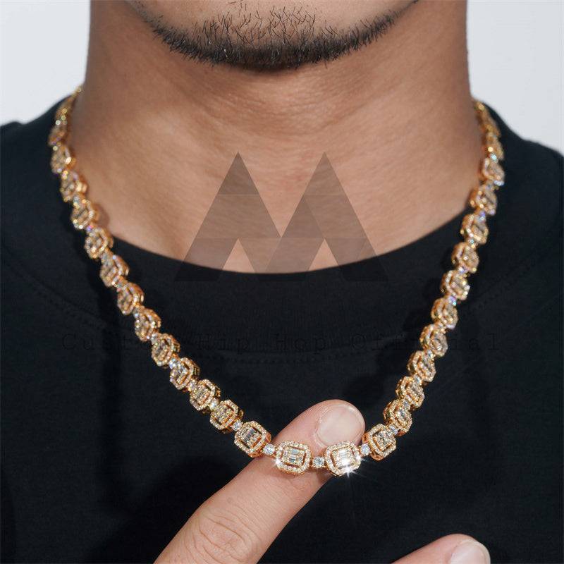 Halo Diamond Style Sterling Silver 18K Gold Plated Men Iced Out 8MM Baguette Tennis Link Chain