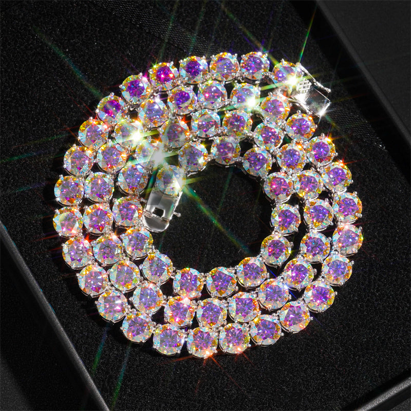 Pass Diamond Tester 925 Silver Rainbow Coated 8MM Moissanite Tennis Chain Set With 7MM Stud Earrings
