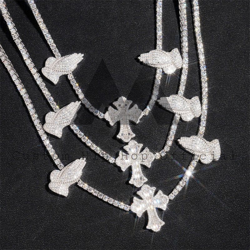 925 Sterling Silver Men's Rapper Jewelry with 3MM Tennis Chain featuring VVS Moissanite and Cross Praying Hands Charm4