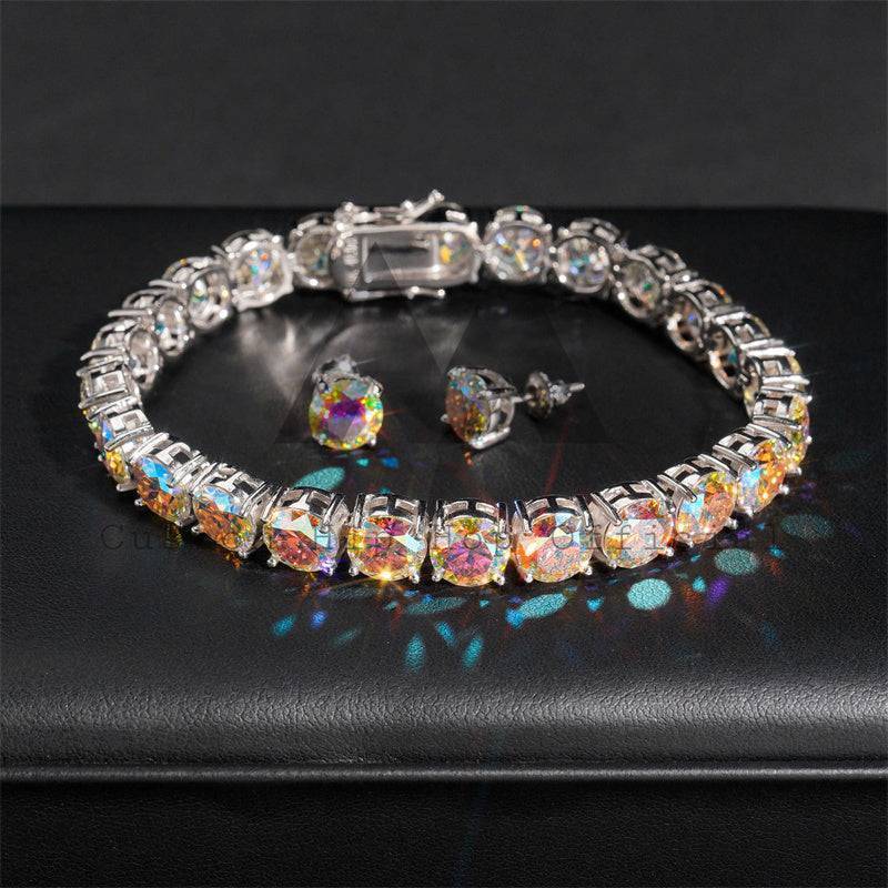 Hip hop jewelry set with Pass Diamond Tester 925 Silver Rainbow Coated 8MM Moissanite Tennis Chain and 7MM Stud Earrings2