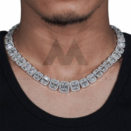 Hip hop jewelry featuring 13MM Baguette Tennis Chain Necklace with 925 Silver VVS Moissanite Diamonds