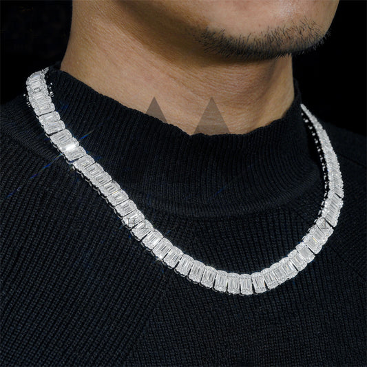 Hip hop jewelry featuring 8MM Baguette Diamond Cut Moissanite Tennis Chain Necklace in 925 Sterling Silver0