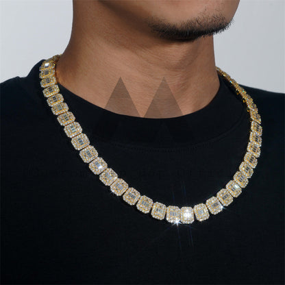 18K Gold Plated Over Sterling Silver Men 13MM Baguette Moissanite Diamond Tennis Chain Necklace