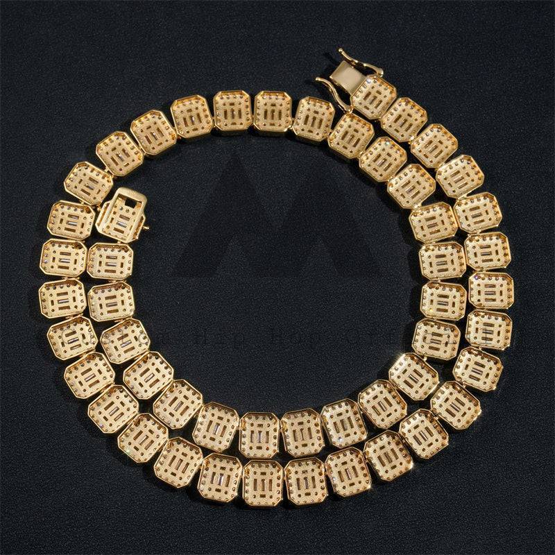 18K Gold Plated Over Sterling Silver Men 13MM Baguette Moissanite Diamond Tennis Chain Necklace