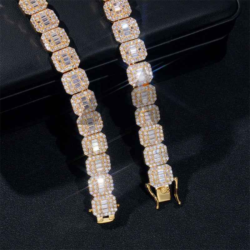 18K Gold Plated Over Sterling Silver Men 13MM Baguette Moissanite Diamond Tennis Chain Necklace