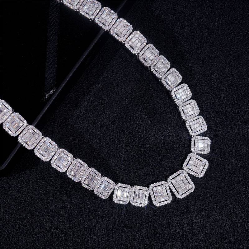 Hip hop jewelry featuring 13MM Baguette Tennis Chain Necklace with 925 Silver VVS Moissanite Diamonds